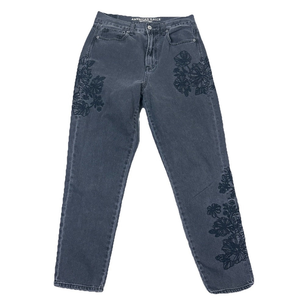 American Eagle Women Mom Jean Black Floral Embroidered Denim Jeans Casual Size 6